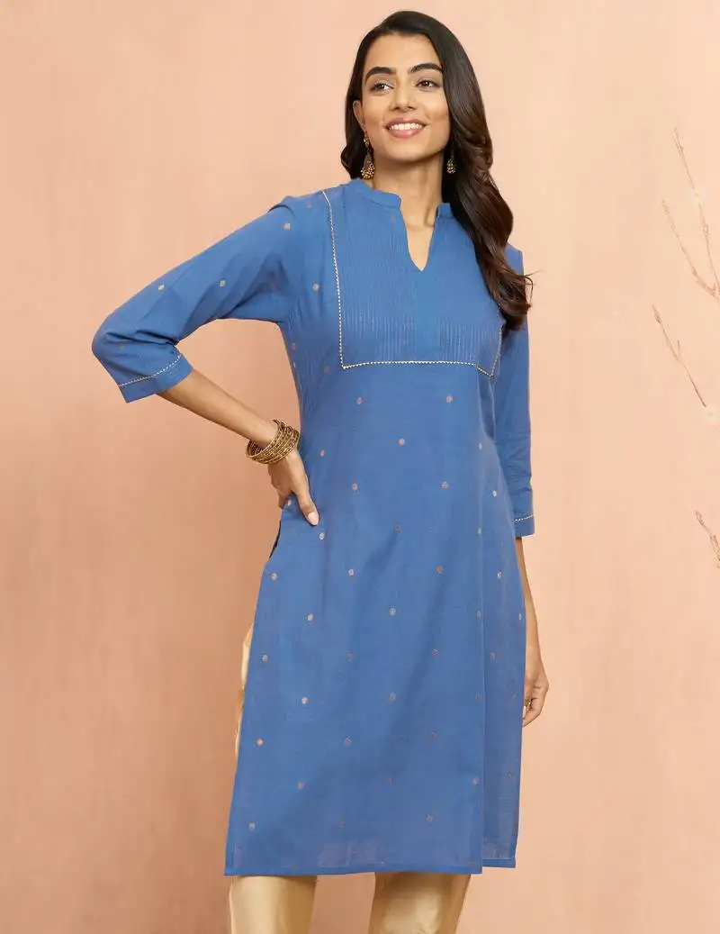 Women's blue cotton lurex dobby kurta - glamorous rakhi metallic pattern ethnic dress