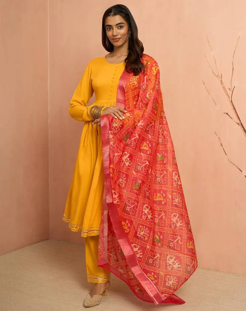 Women's mustard rayon anarkali kurta set - traditional raksha bandhan festive ethnic dress