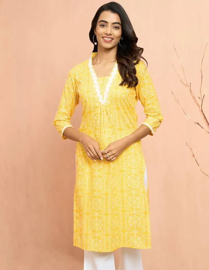 Women's yellow bandhani print kurta - bright rakhi traditional cambric cotton ethnic top