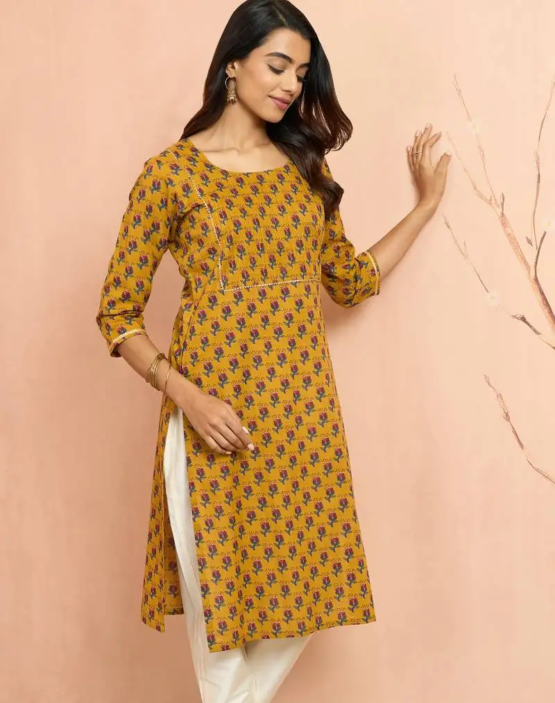 Women's mustard floral pleated kurta - traditional rakhi dress with pleated yoke design