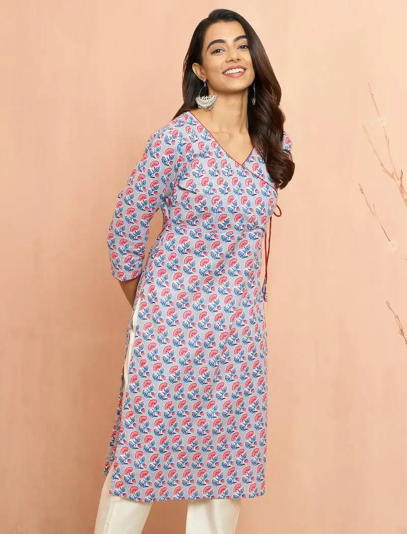 Women's grey floral angrakha kurta - traditional rakhi dress with sequin yoke work