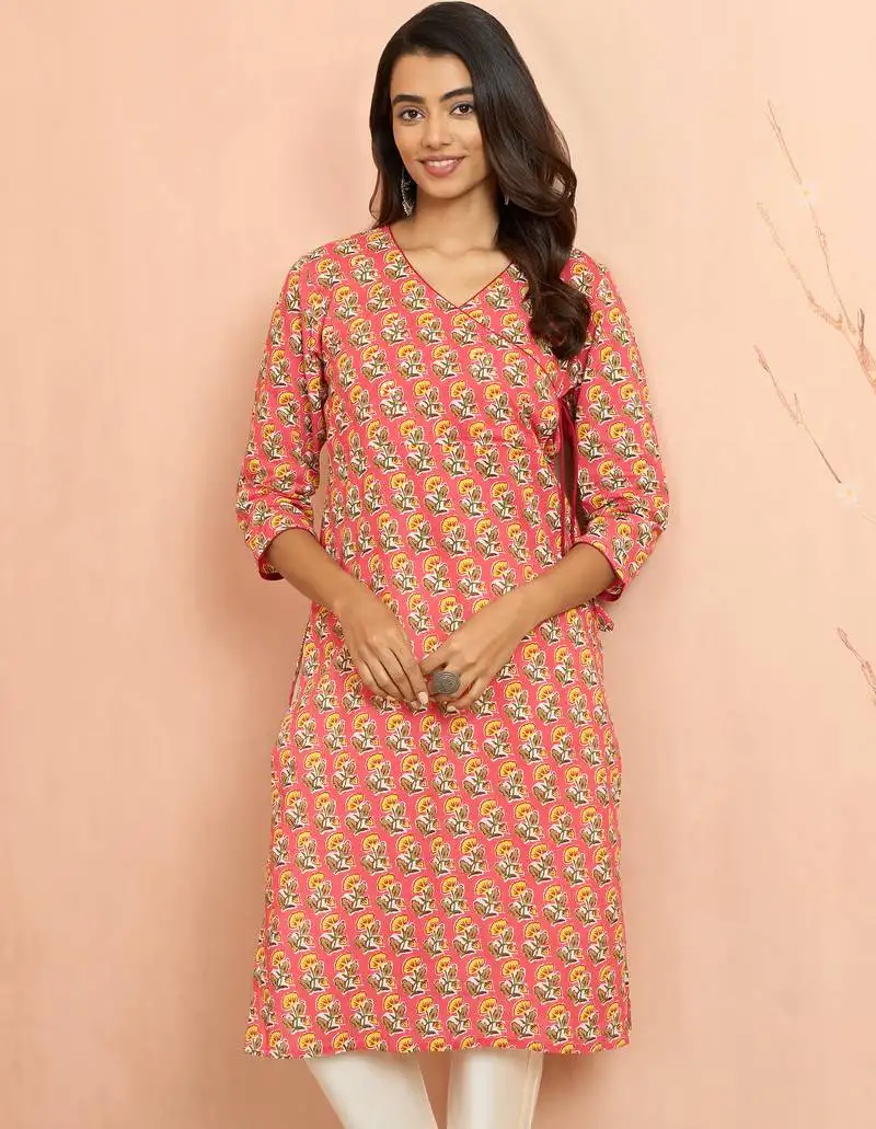 Women's pink floral angrakha kurta - designer rakhi outfit with sequin yoke ethnic wear