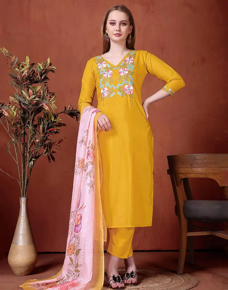 Yellow rayon heavy thread embroidery work with printed dupatta kurta pant set