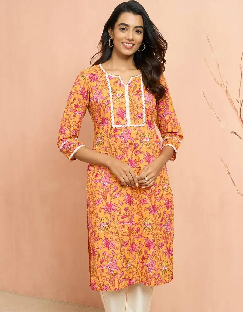 Women's mustard floral print cotton kurta - rakhi special collection round neck ethnic wear