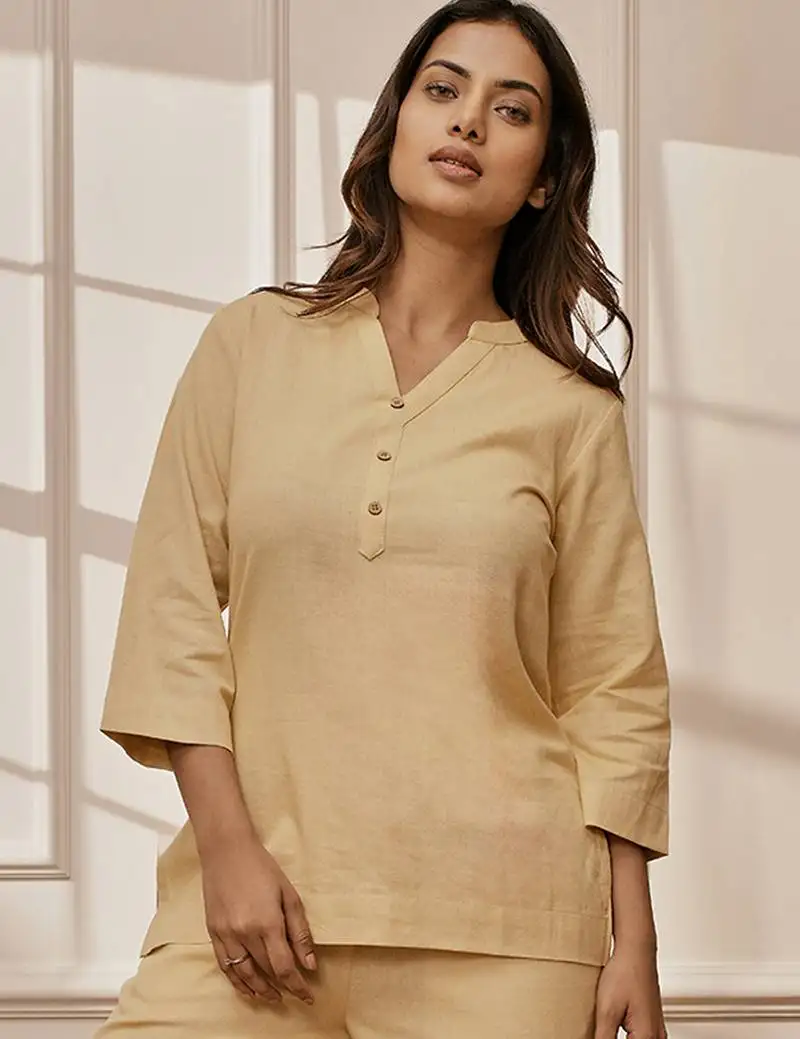 Women's chiku cotton linen yoga kurta with band collar & three quarter sleeves