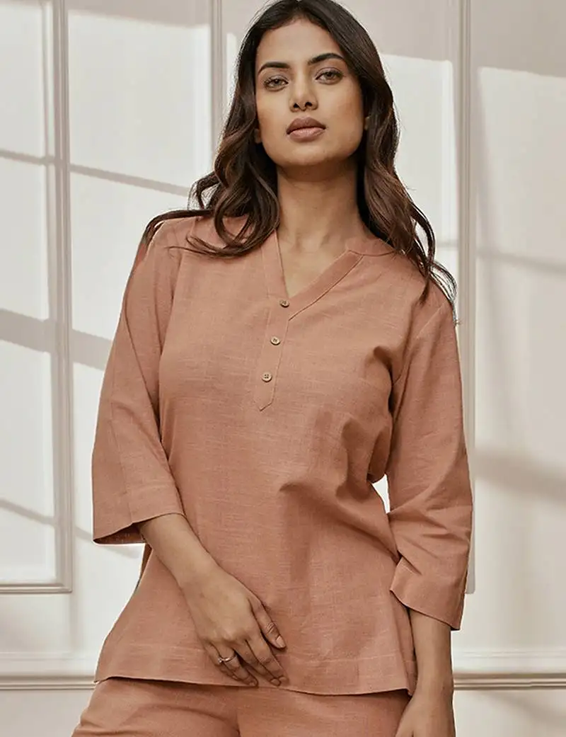 Women's rose pink cotton linen yoga kurta with band collar & three quarter sleeves