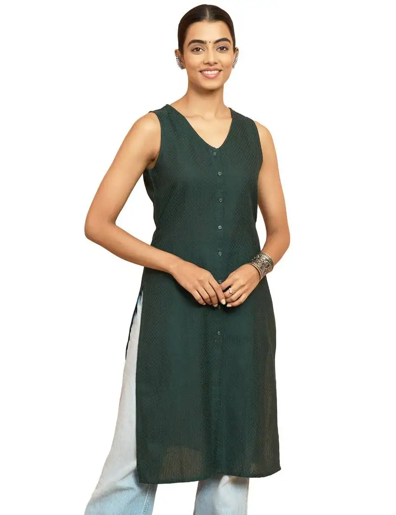 Women's bottle green moonlight jacquard kurta - contemporary rakhi cotton blend ethnic wear