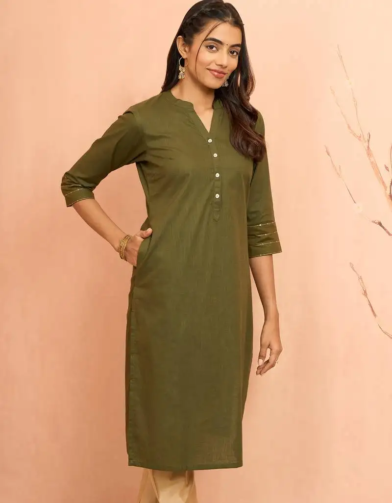 Women's mehendi green embroidered cotton kurta - festive rakhi outfit with sequin work