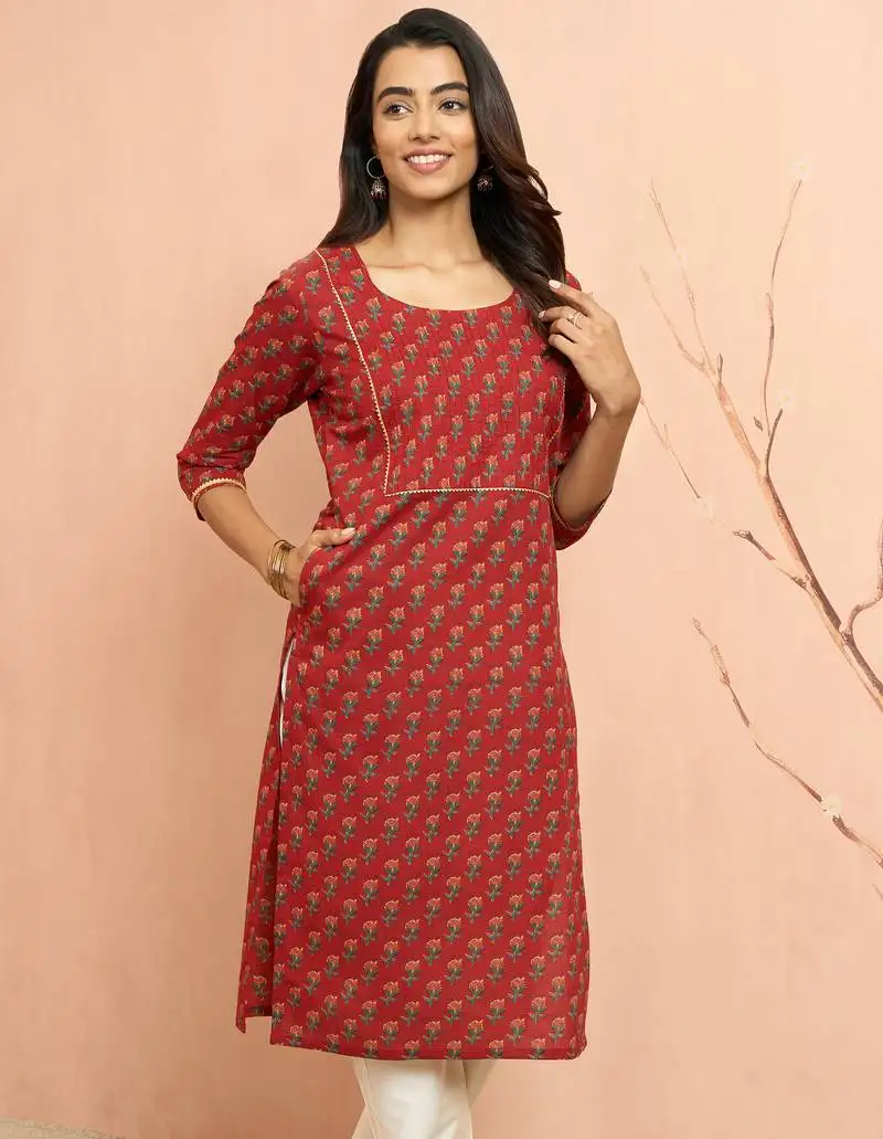 Women's rust floral pleated kurta - designer rakhi outfit with pleated yoke ethnic dress