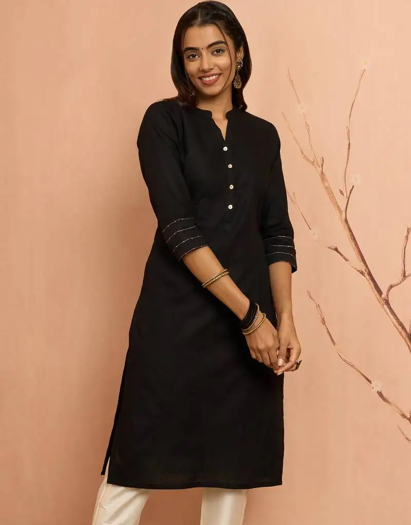 Women's black embroidered cotton kurta - designer rakhi outfit with sequin work ethnic dress