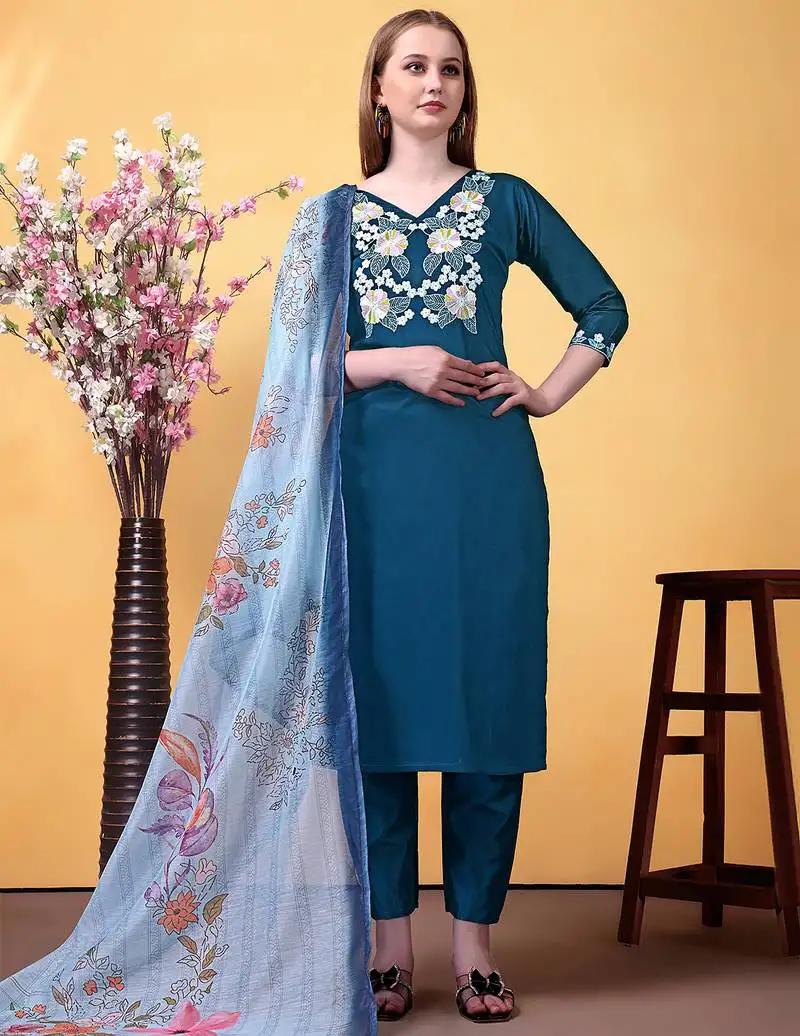 Blue rayon heavy thread embroidery work with printed dupatta kurta pant set