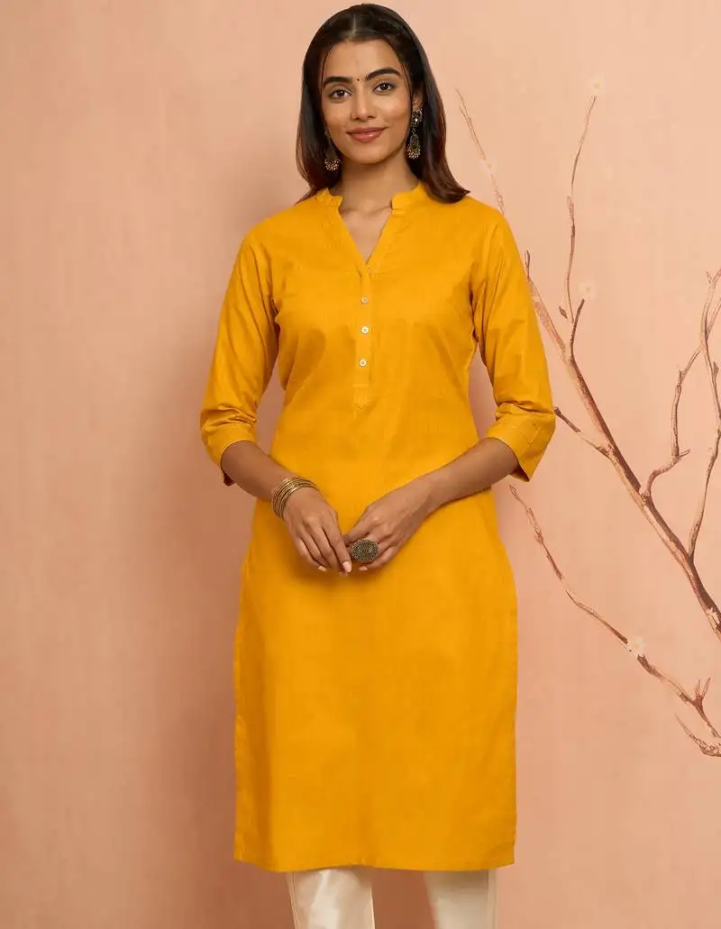 Women's mustard embroidered cotton kurta - festive rakhi outfit with sequin work ethnic wear