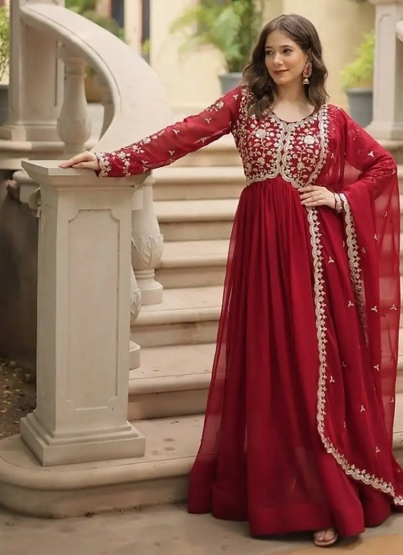 Maroon faux georgette with embroidered sequin work gown dupatta