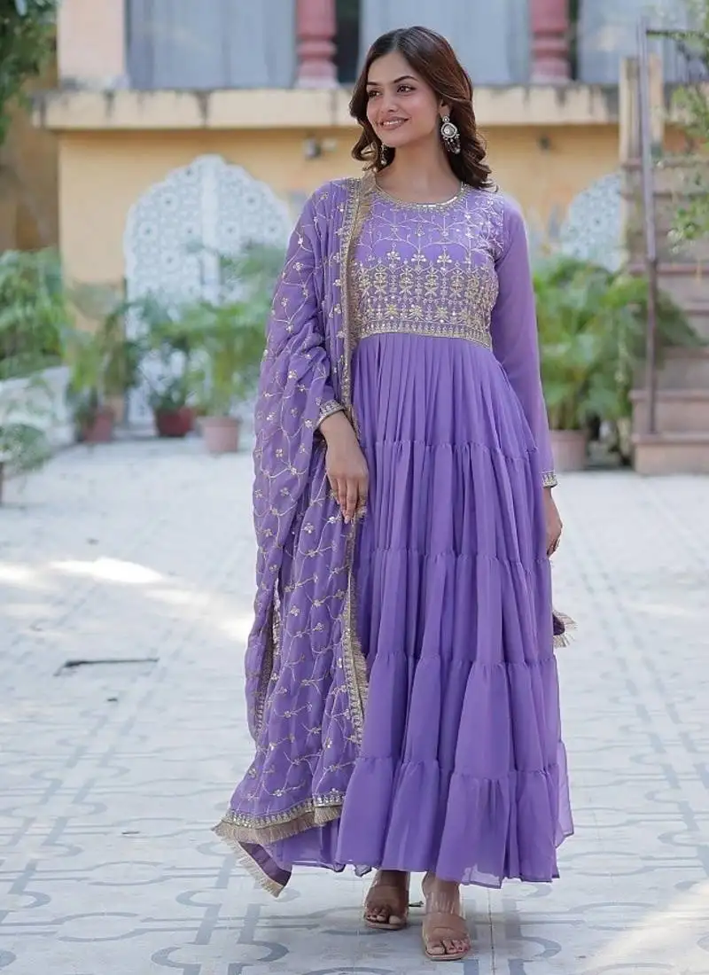 Lavender star georgette with rich sequins embroidered work gown dupatta