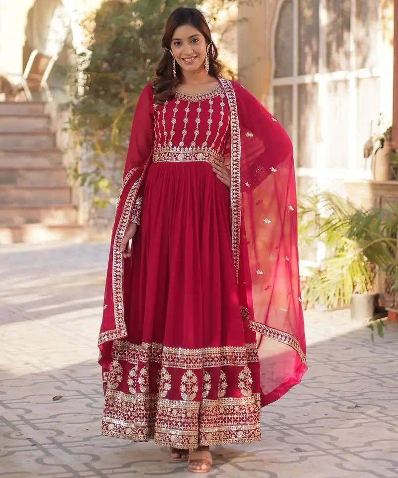 Ranipink faux blooming with embroidery zari sequins-work gown with dupatta