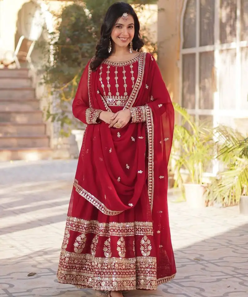 Maroon faux blooming with embroidery zari sequins-work gown with dupatta