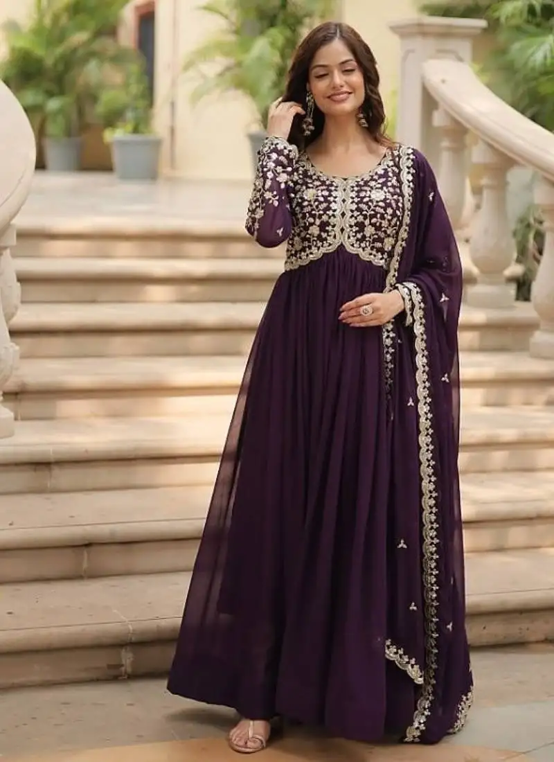 Wine faux georgette with embroidered sequins work gown dupatta