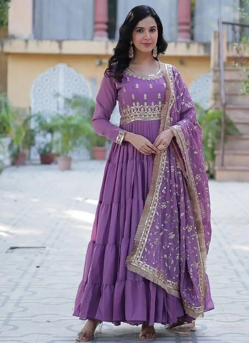 Onionpink star georgette with rich sequins embroidered work gown dupatta
