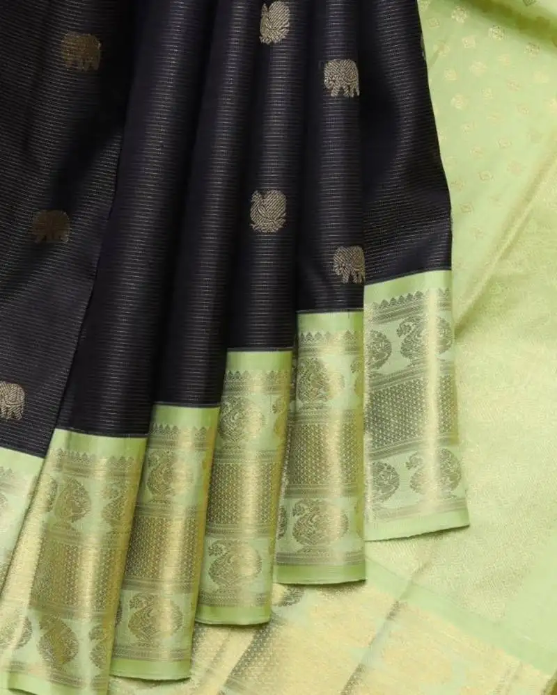 Black and mint pure zari silk saree with silk mark certified