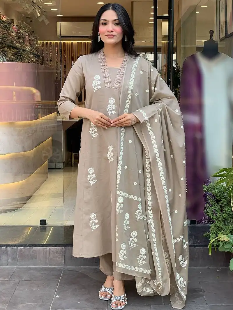 Beige cotton heavy thread embroidery work kurta pant set