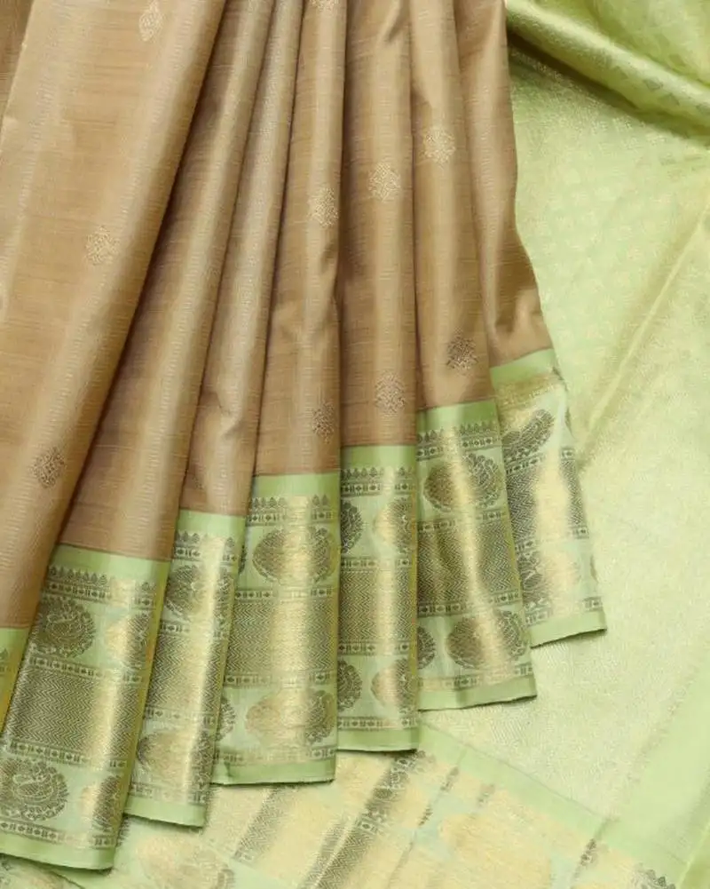 Oat beige pure zari silk saree with silk mark certified