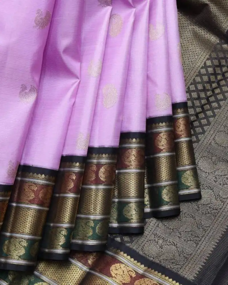 Lavender and black pure zari silk saree with silk mark certified