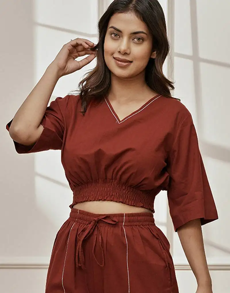 Women's maroon cotton crop yoga top with geometric embroidery & dolman sleeves