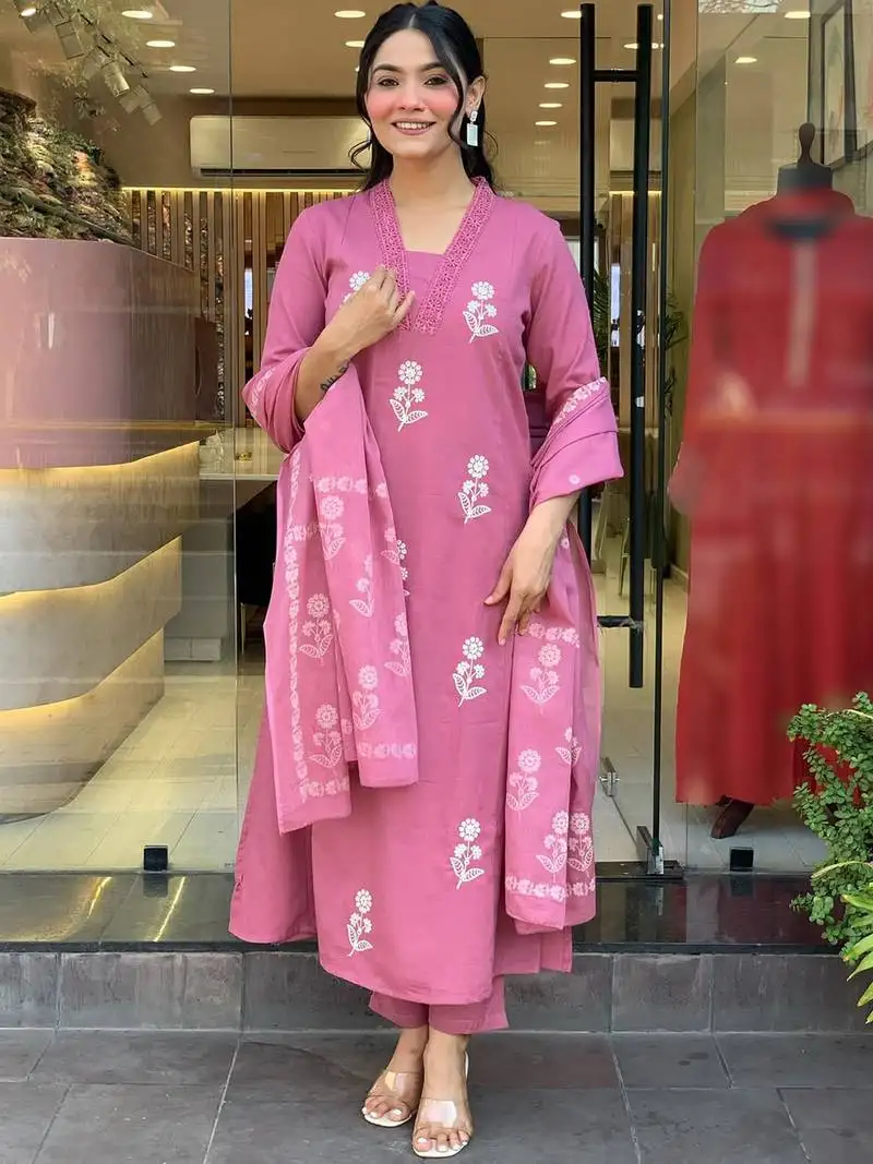 Pink cotton heavy thread embroidery work kurta pant set