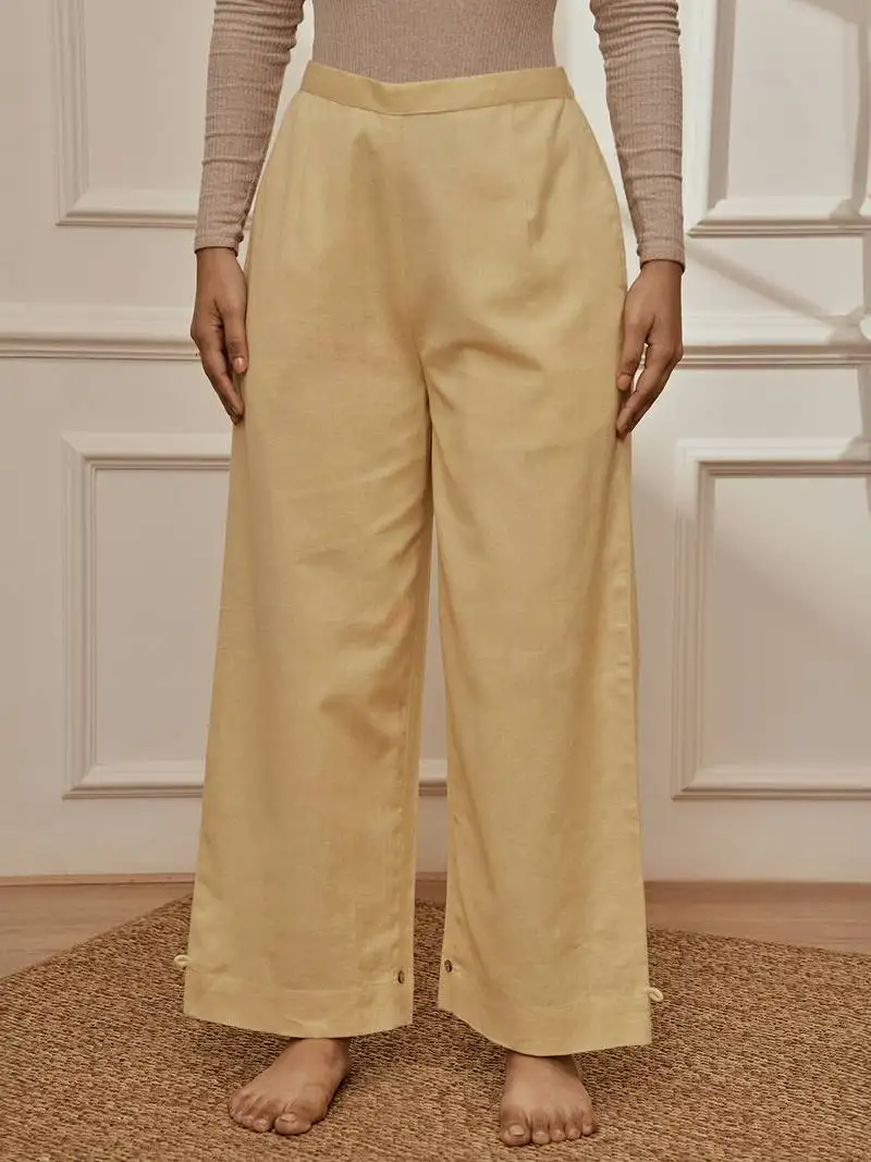 Women's chiku cotton linen straight yoga pants with adjustable buttons