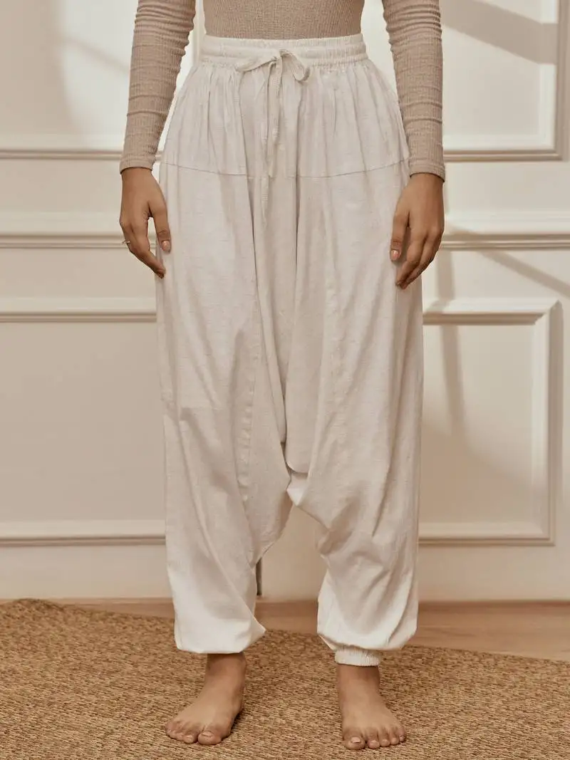 Women's white cotton lycra harem yoga pants with drawstring & elasticated waist