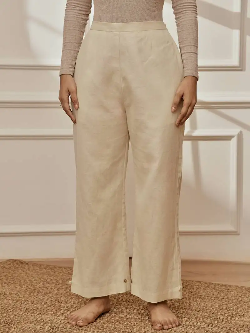 Women's beige cotton linen straight yoga pants with adjustable buttons