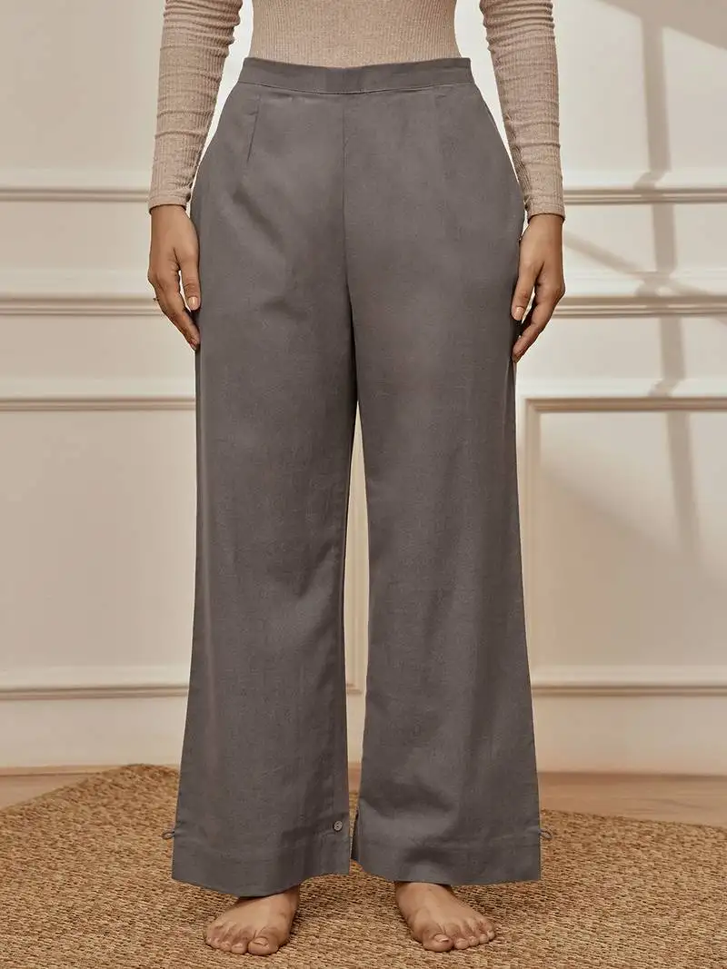 Women's grey cotton linen straight yoga pants with adjustable buttons