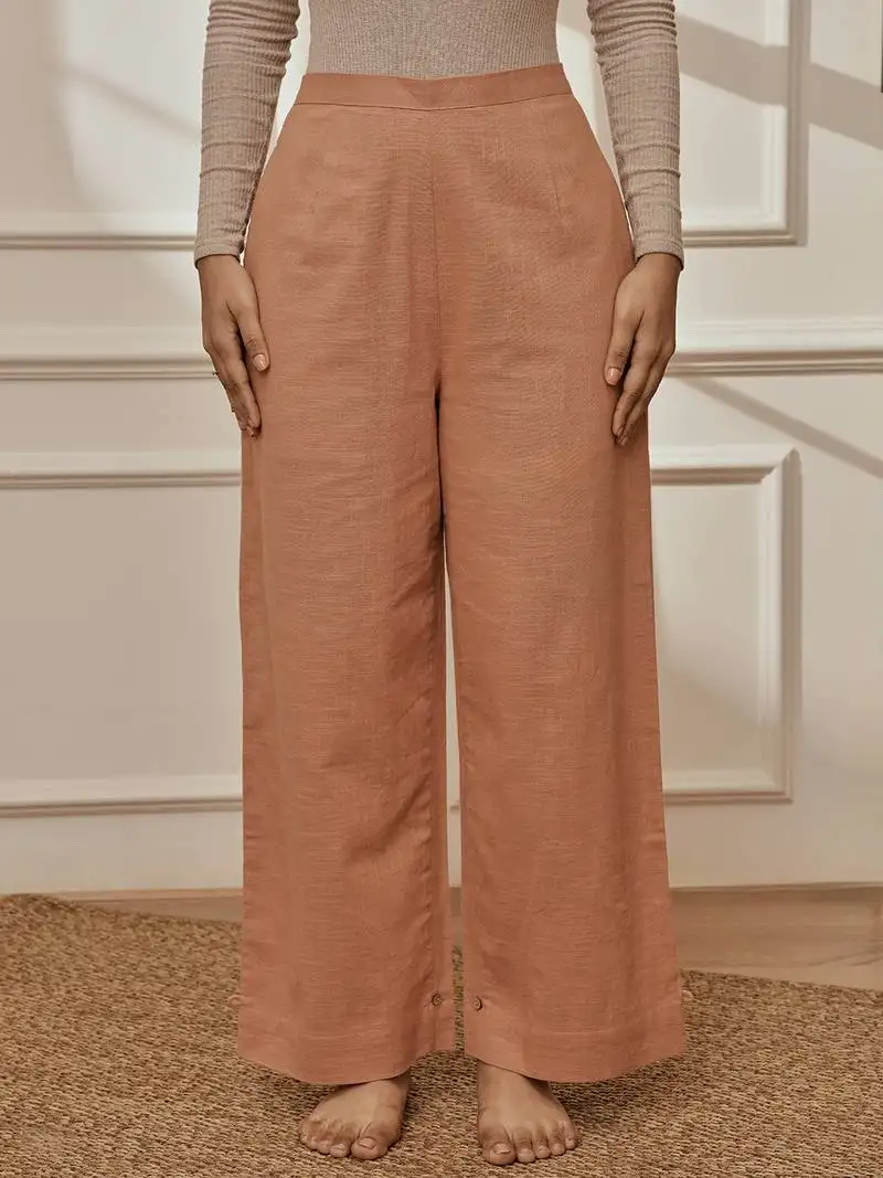 Women's rose pink cotton linen straight yoga pants with adjustable buttons