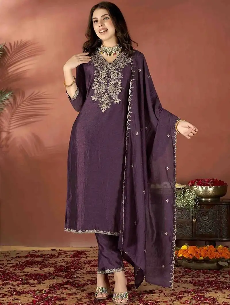 Wine vichitra heavy thread embroidery work kurta pant set