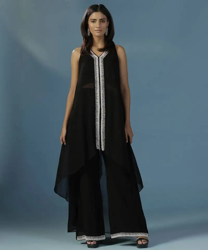 Black georgette embroidered kurta with pant