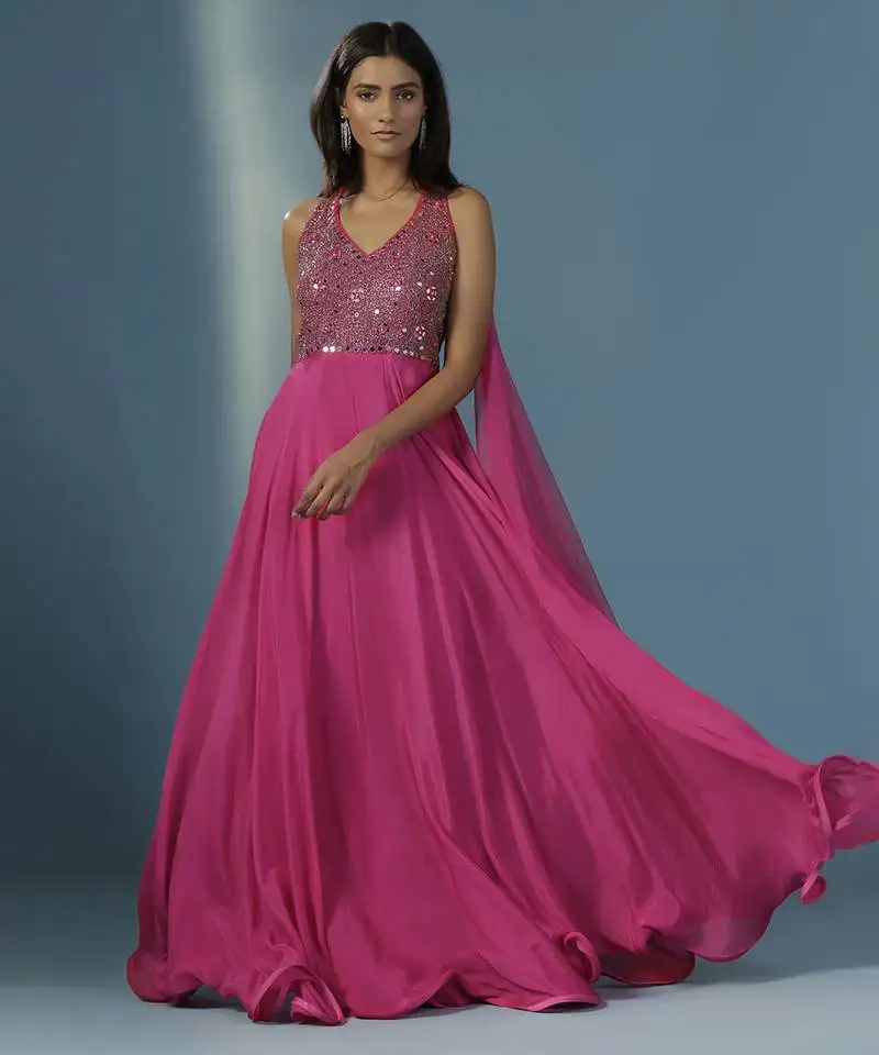 Pink chinon plain anarkali