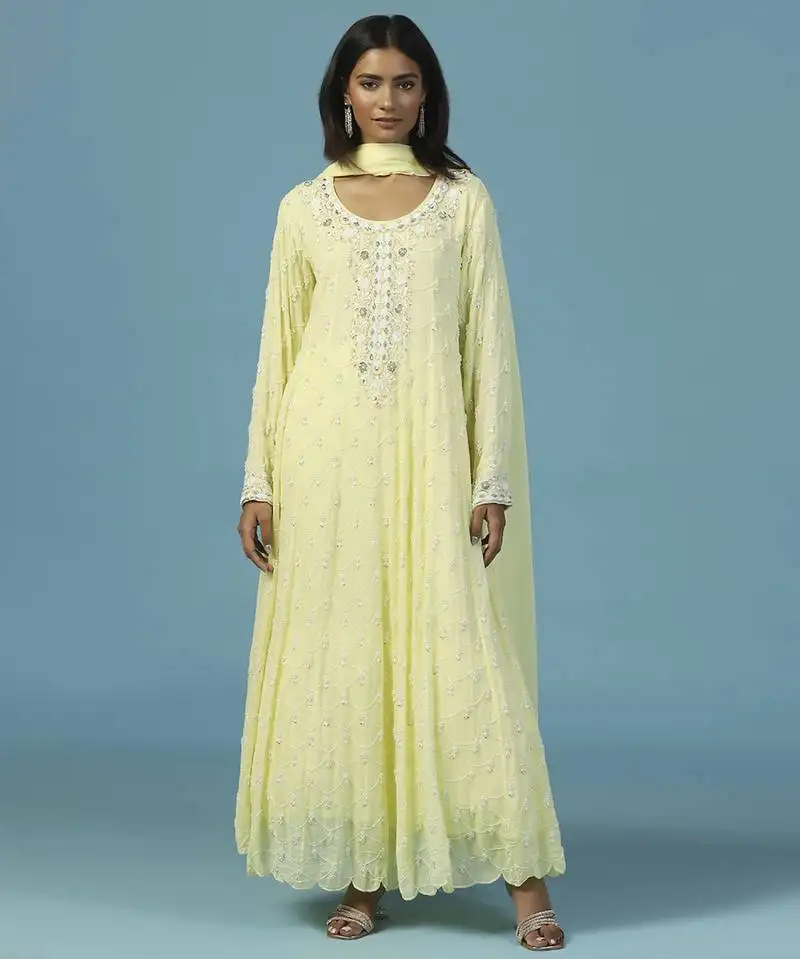 Yellow georgette embroidered anarkali