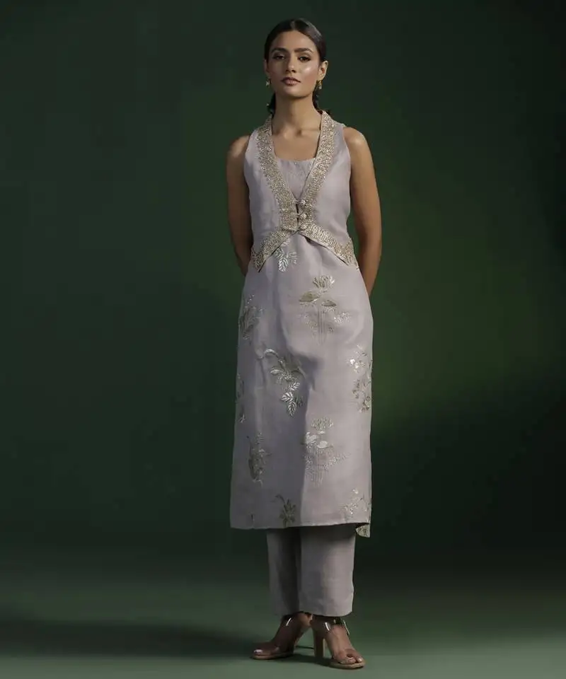 Grey silk embroidered kurta set with jacket
