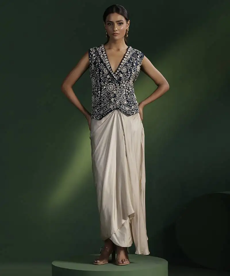 Blue satin embroidered top with plain dhoti