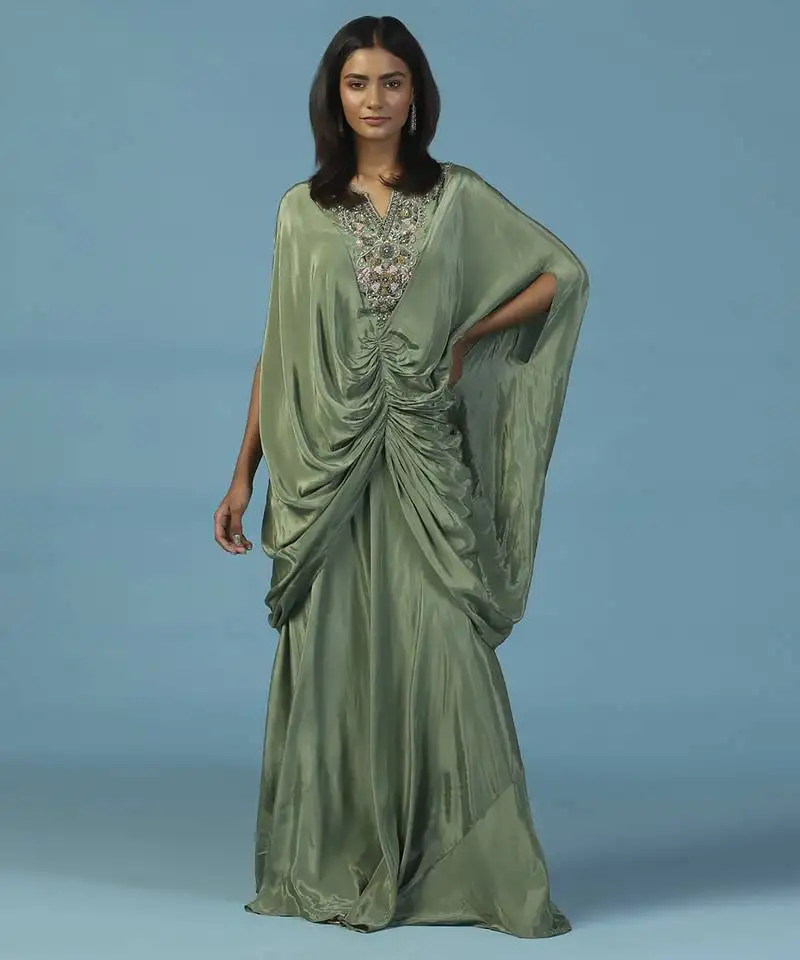 Green crepe embroidered kaftan gown