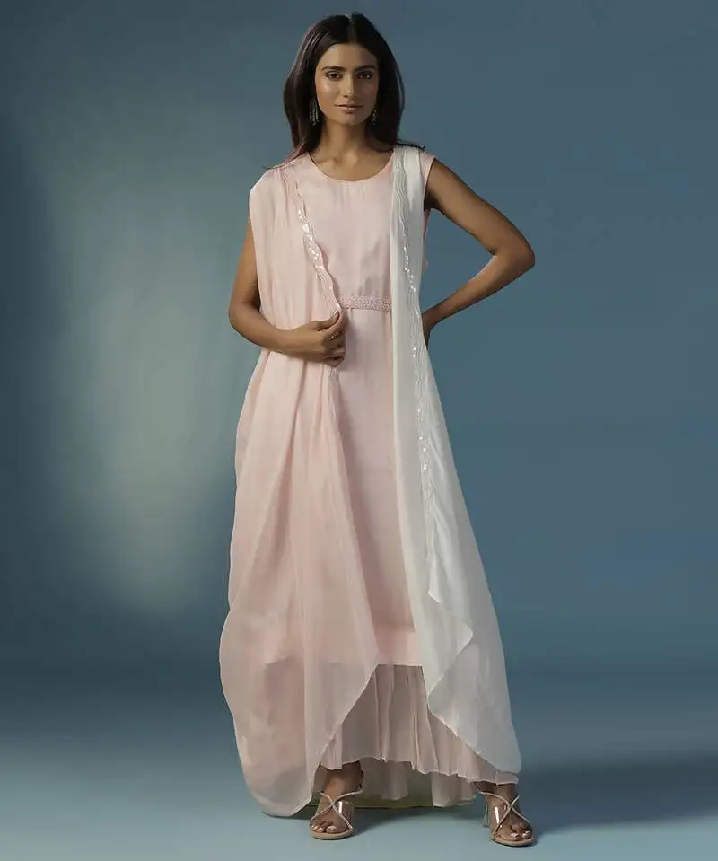 Pink crepe plain kurta set with jacket