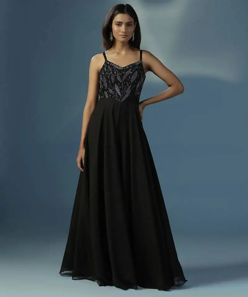 Black georgette embroidered gown