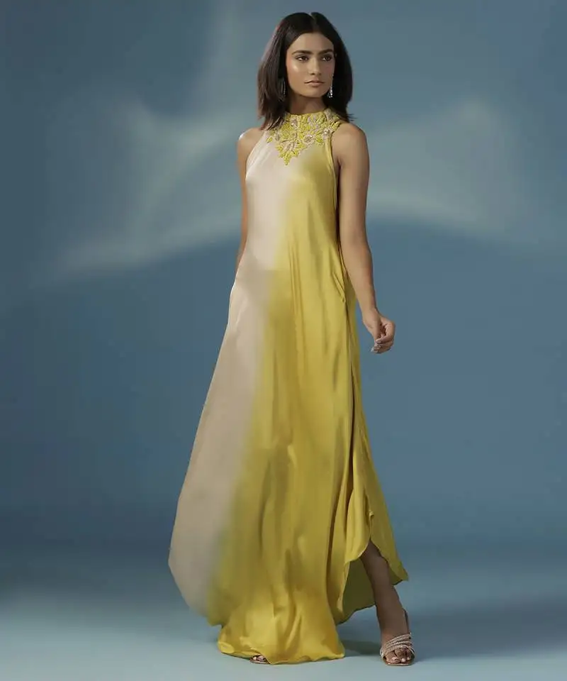 Yellow satin plain dress