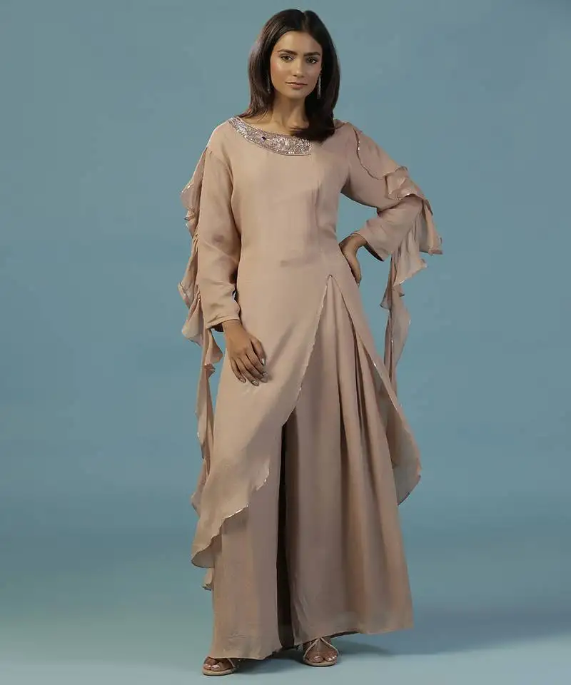 Gold chinon plain kurta with pant