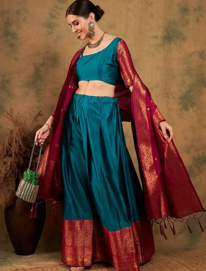 Teal green semi-stiched weaving work banarasi silk lehenga choli