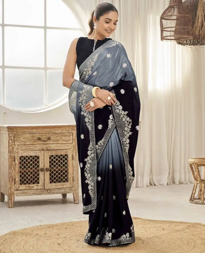 Women's heavy embroidered moss chiffon dual tone black & grey color padding saree for women