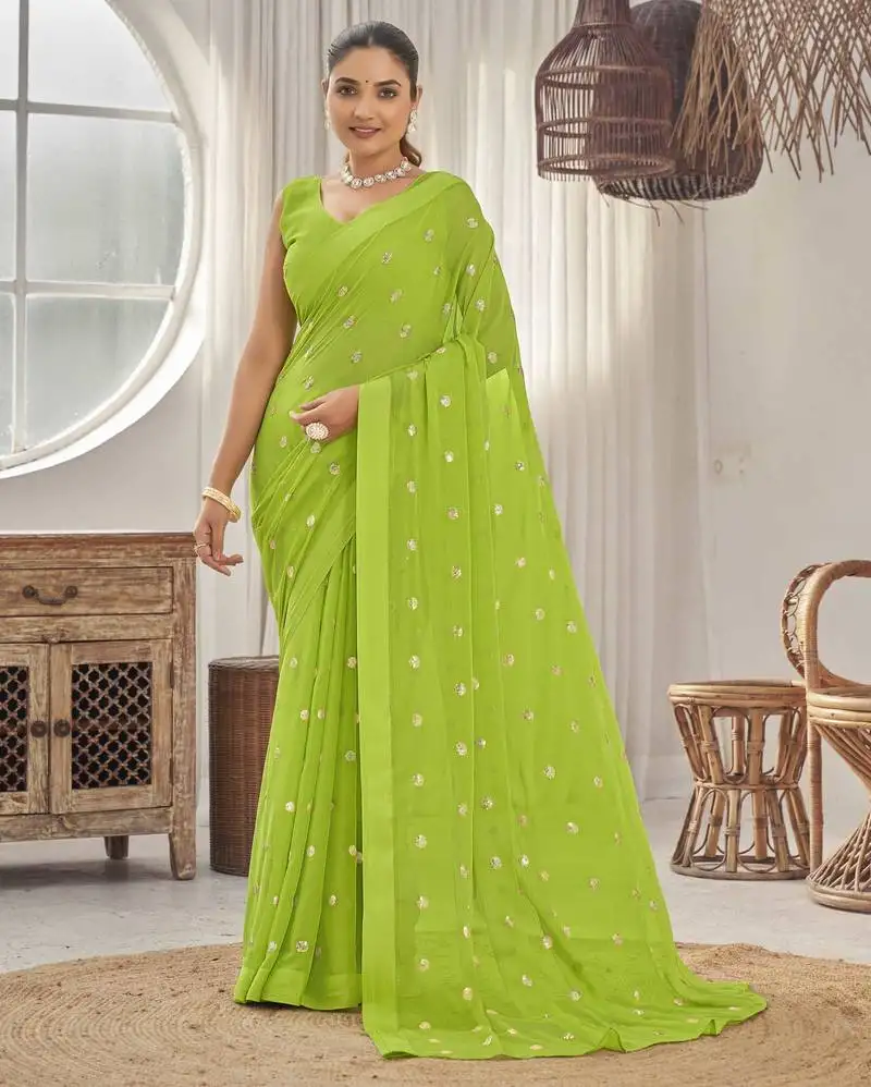 Women's heavy embroidered georgette parrot green color saree for women