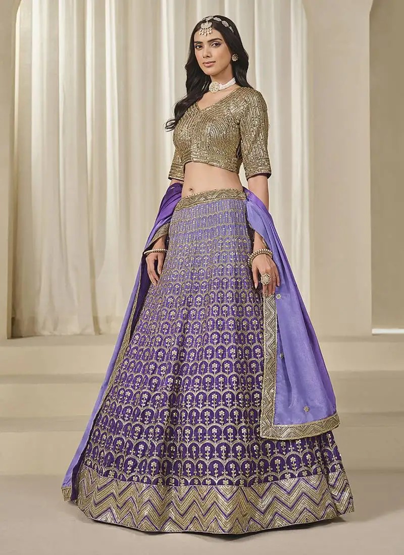 Violet chinon silk lehenga choli with embroidered, sequins, thread and zari work