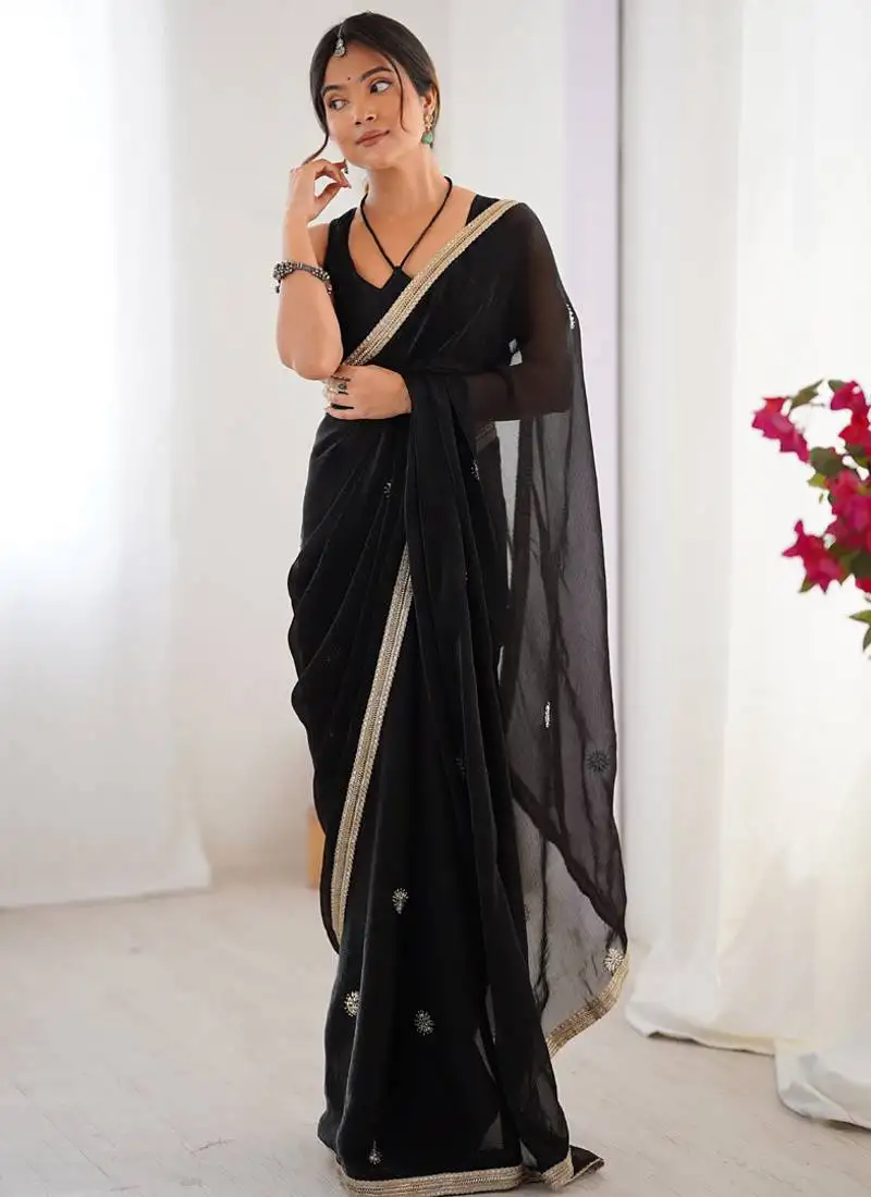 Black chiffon lace work party wear saree
