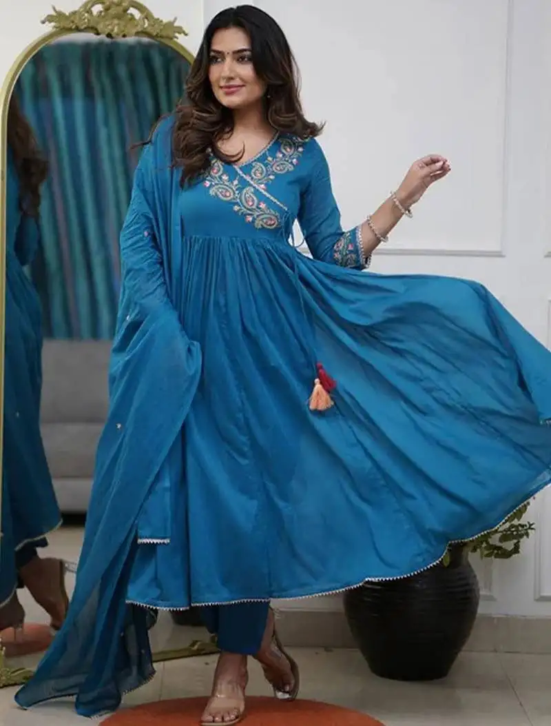 Blue embroidery viscose silk kurta set with chanderi dupatta for women